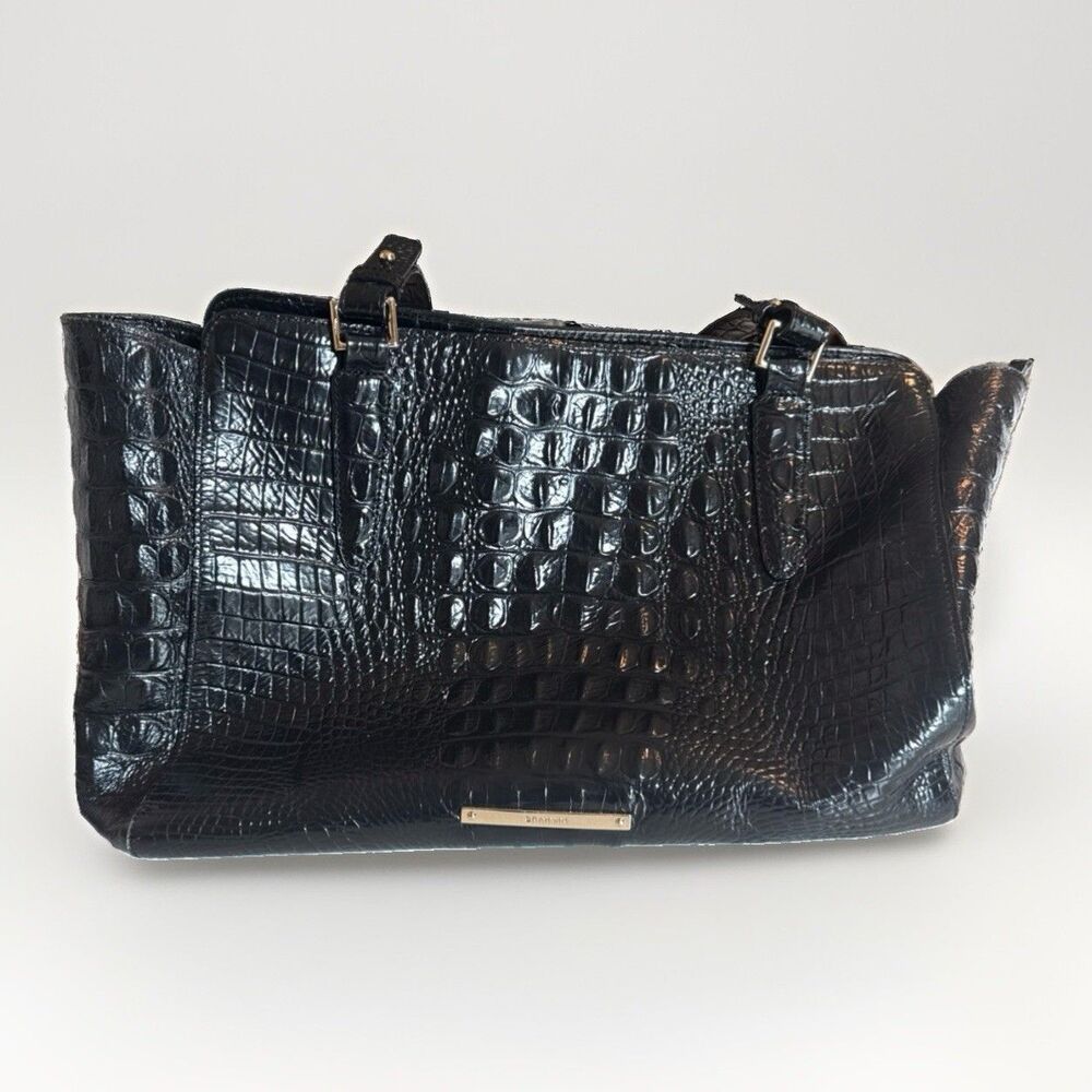 Brahmin Black Croc Embossed Leather Tote Bag Satchel Purse Shoulder Handbag